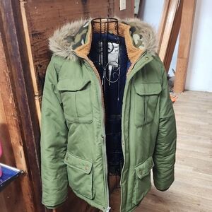 Girls Green Parka Jacket with Faux Fur Hood
